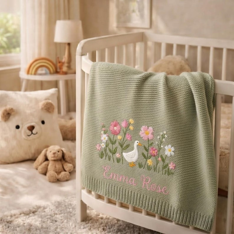 Personalized Embroidered Goose Floral Baby Blanket - Duck Wildflower Knit Throw, Newborn Blanket, Nursery Keepsake, Newborn Gift For Baby