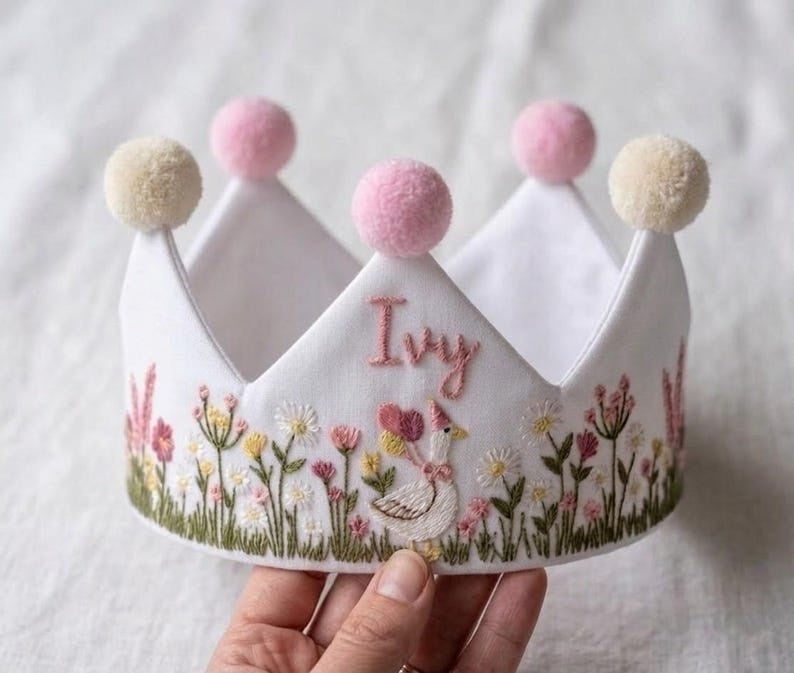 Wildflower Goose Personalized Embroidery Birthday Crown, Hand Embroidered Linen Baby Crown, Custom Name Crown, First Birthday Crown Keepsake