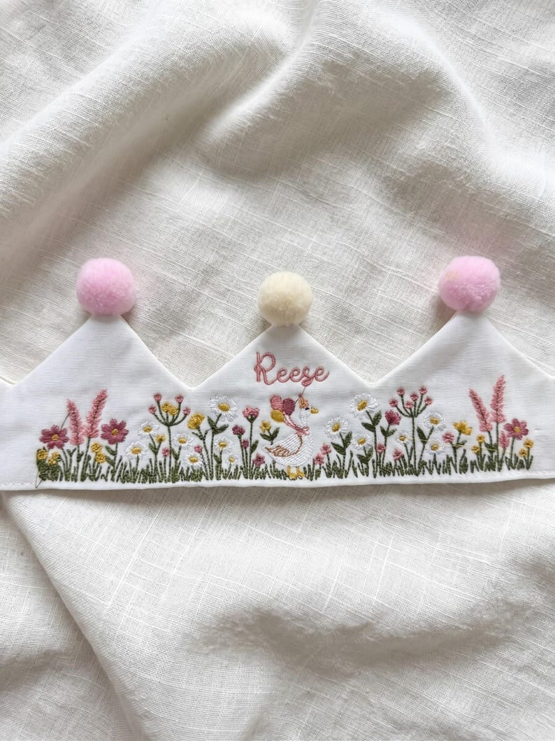 Wildflower Goose Personalized Embroidery Birthday Crown, Hand Embroidered Linen Baby Crown, Custom Name Crown, First Birthday Crown Keepsake