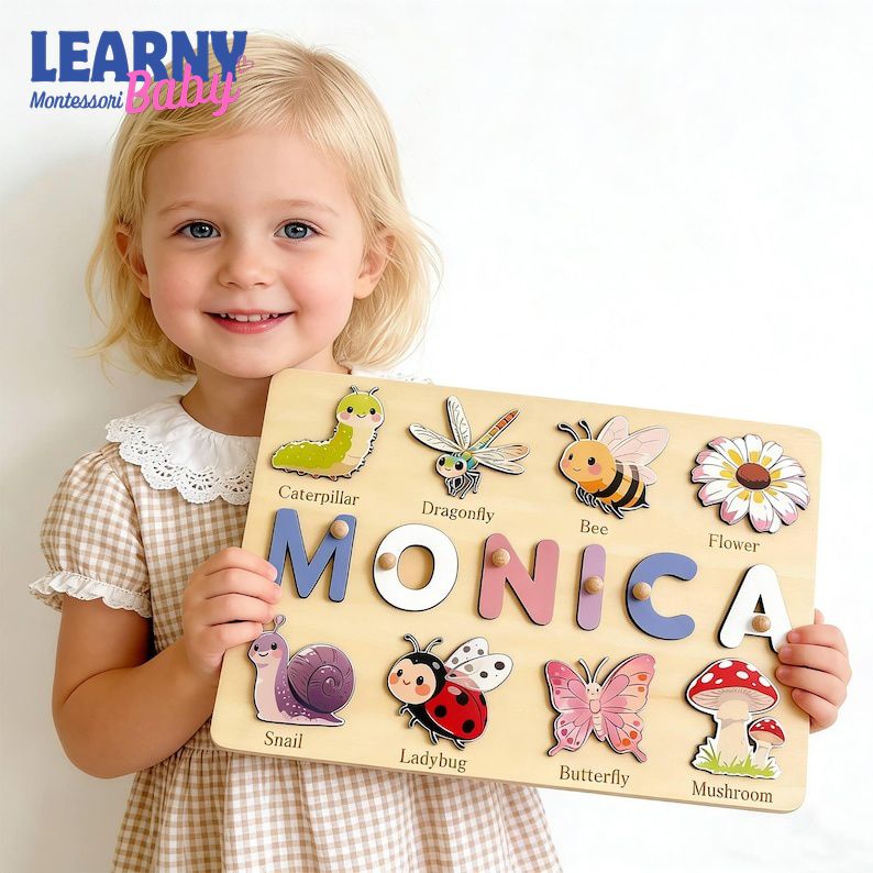 Personalized First Birthday Gift, Handmade Name Puzzle with Insect, Custom New Baby Gift for Toddler, Christmas Gifts, Wooden Toys BBLB31