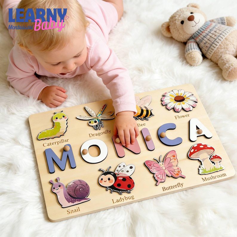 Personalized First Birthday Gift, Handmade Name Puzzle with Insect, Custom New Baby Gift for Toddler, Christmas Gifts, Wooden Toys BBLB31