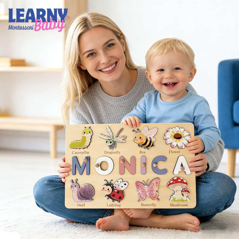 Personalized First Birthday Gift, Handmade Name Puzzle with Insect, Custom New Baby Gift for Toddler, Christmas Gifts, Wooden Toys BBLB31