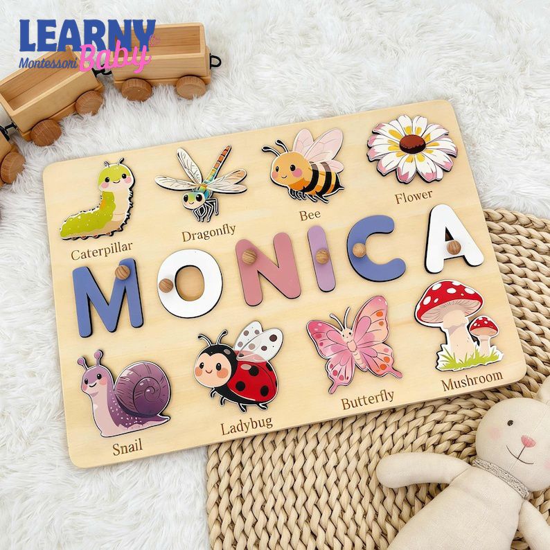Personalized First Birthday Gift, Handmade Name Puzzle with Insect, Custom New Baby Gift for Toddler, Christmas Gifts, Wooden Toys BBLB31