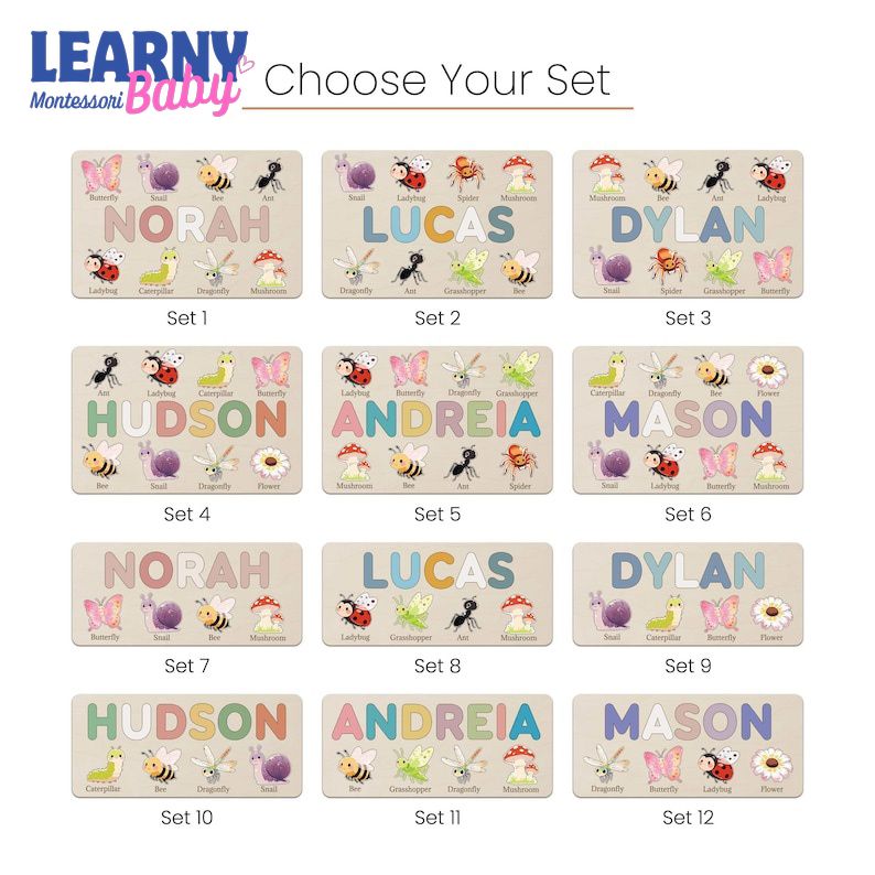 Personalized First Birthday Gift, Handmade Name Puzzle with Insect, Custom New Baby Gift for Toddler, Christmas Gifts, Wooden Toys BBLB31