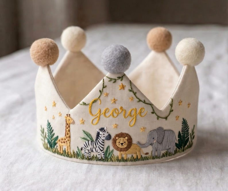 Safari Animals Personalized Birthday Baby Crown, Hand Embroidered Linen Baby Crown, Custom Jungle Name Crown, First Birthday Crown
