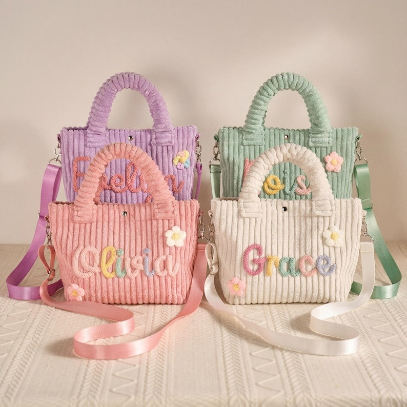 Personalized Corduroy Name Crossbody Bag, Toddler Purse, Corduroy Bucket Crossbody Bag, Baby Shower Gift, Toddler Girl Purse, Name Handbags
