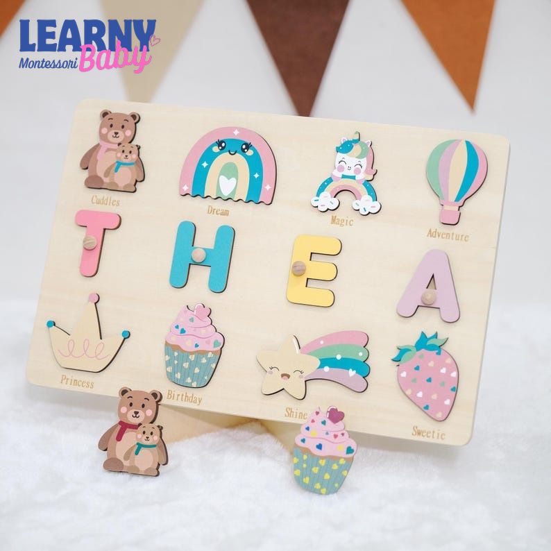 Personalized Wooden Name Puzzle for Girl, First Birthday Girl Gift, Montessori Toy for Kids, Baby Shower Gift, Baptism Name Puzzle BBLB29