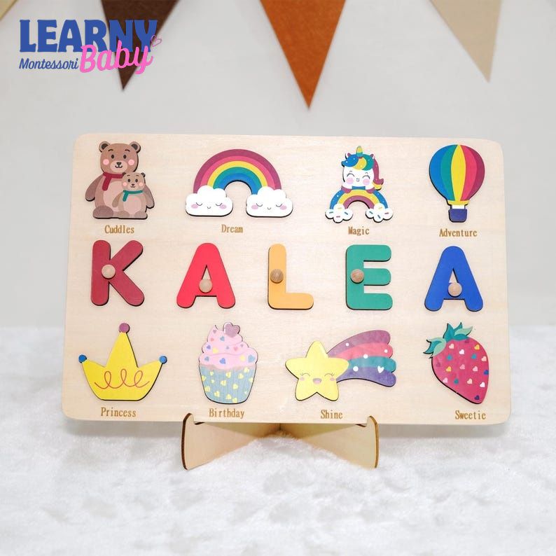 Personalized Wooden Name Puzzle for Girl, First Birthday Girl Gift, Montessori Toy for Kids, Baby Shower Gift, Baptism Name Puzzle BBLB29