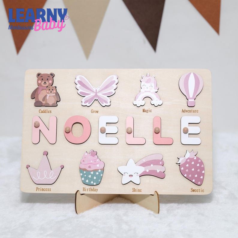 Personalized Wooden Name Puzzle for Girl, First Birthday Girl Gift, Montessori Toy for Kids, Baby Shower Gift, Baptism Name Puzzle BBLB29