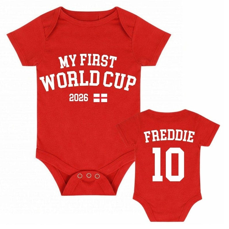 My First World Cup Baby Bodysuit, Personalized Soccer Baby Outfit, Custom Name Number Infant Romper, Baby Shower Gift