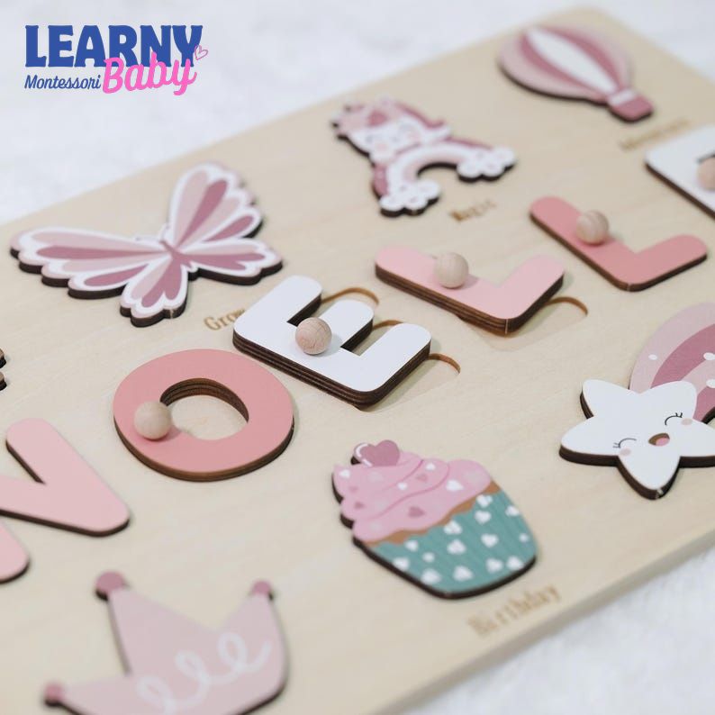 Personalized Wooden Name Puzzle for Girl, First Birthday Girl Gift, Montessori Toy for Kids, Baby Shower Gift, Baptism Name Puzzle BBLB29