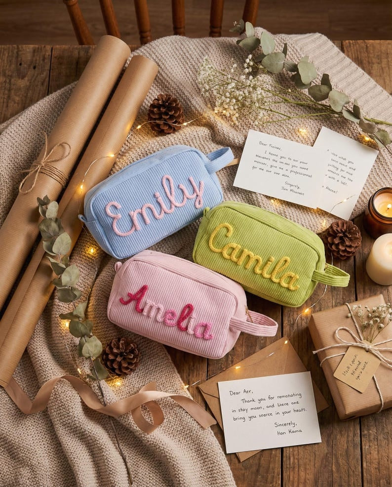 Personalized Name Corduroy Pencil Bag: Custom Children's Gift, Custom Zipper Pencil Case, Baby Shower Gifts, Makeup bags, Mother's day Gift