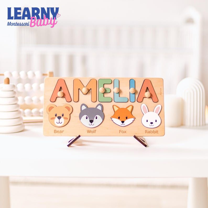 Animal Name Puzzle by Busy Puzzle, 1st Birthday, Baby Shower, Easter Gift, Girl and Boy, Custom and Personalized BBLB22
