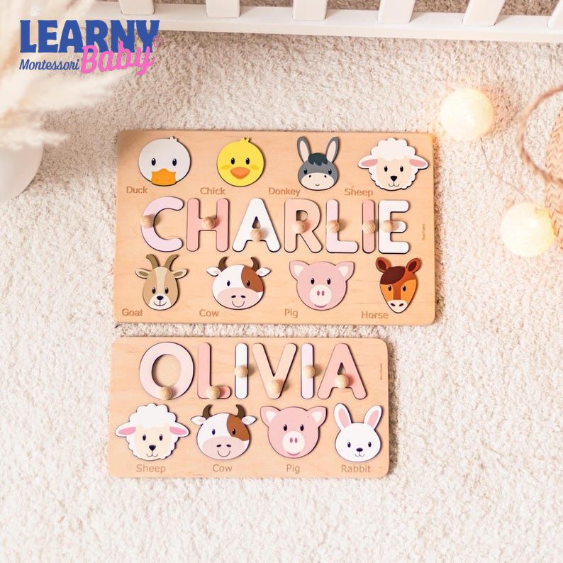 Animal Name Puzzle by Busy Puzzle, 1st Birthday, Baby Shower, Easter Gift, Girl and Boy, Custom and Personalized BBLB22