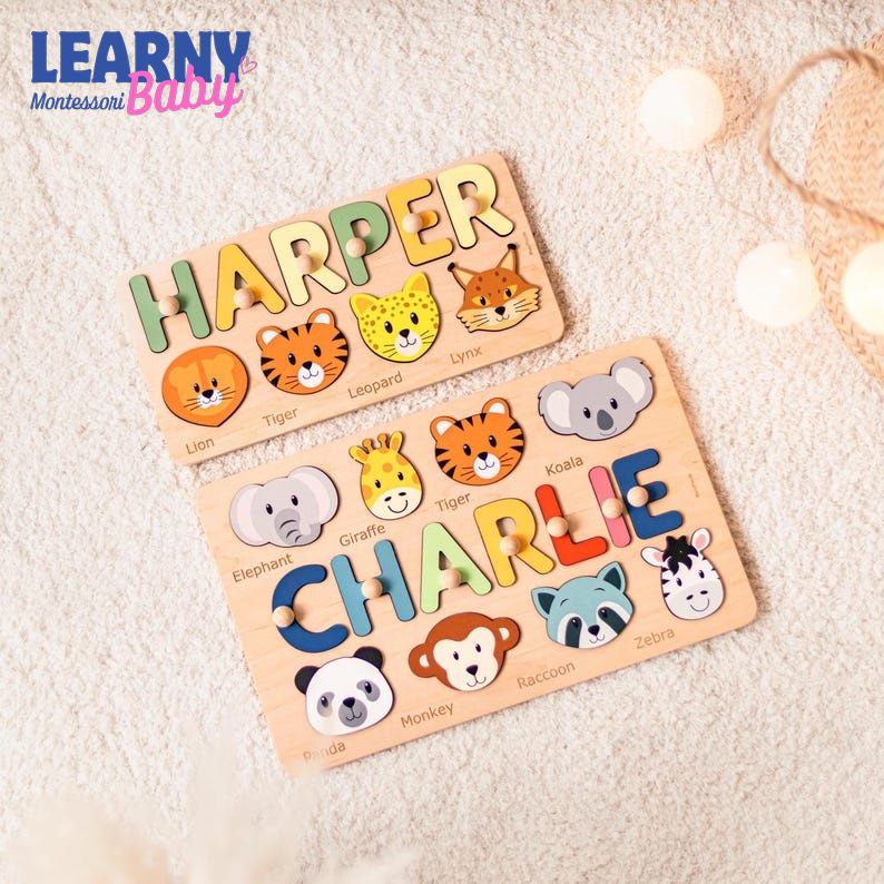 Animal Name Puzzle by Busy Puzzle, 1st Birthday, Baby Shower, Easter Gift, Girl and Boy, Custom and Personalized BBLB22