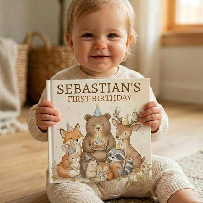 Personalized First Birthday Woodland Book, Custom Baby 1st Birthday Book, Woodland Animals 1st Birthday Gift, 1st Birthday Keepsake Woodland