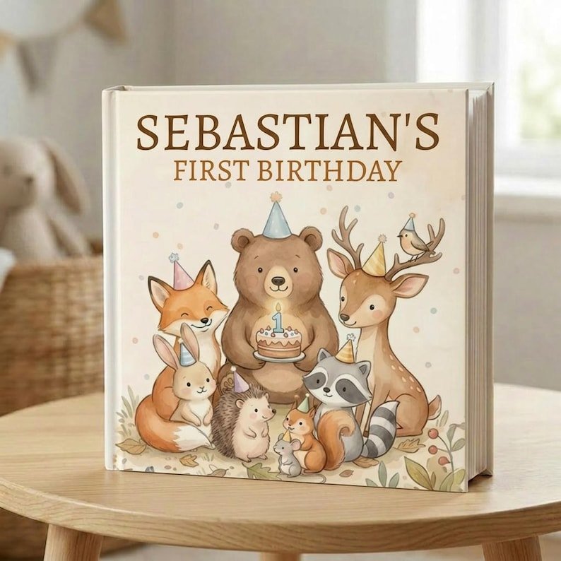 Personalized First Birthday Woodland Book, Custom Baby 1st Birthday Book, Woodland Animals 1st Birthday Gift, 1st Birthday Keepsake Woodland