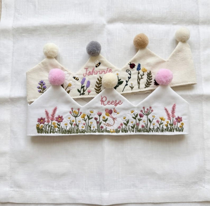 Wildflower Goose Personalized Embroidery Birthday Crown, Hand Embroidered Linen Baby Crown, Custom Name Crown, First Birthday Crown Keepsake