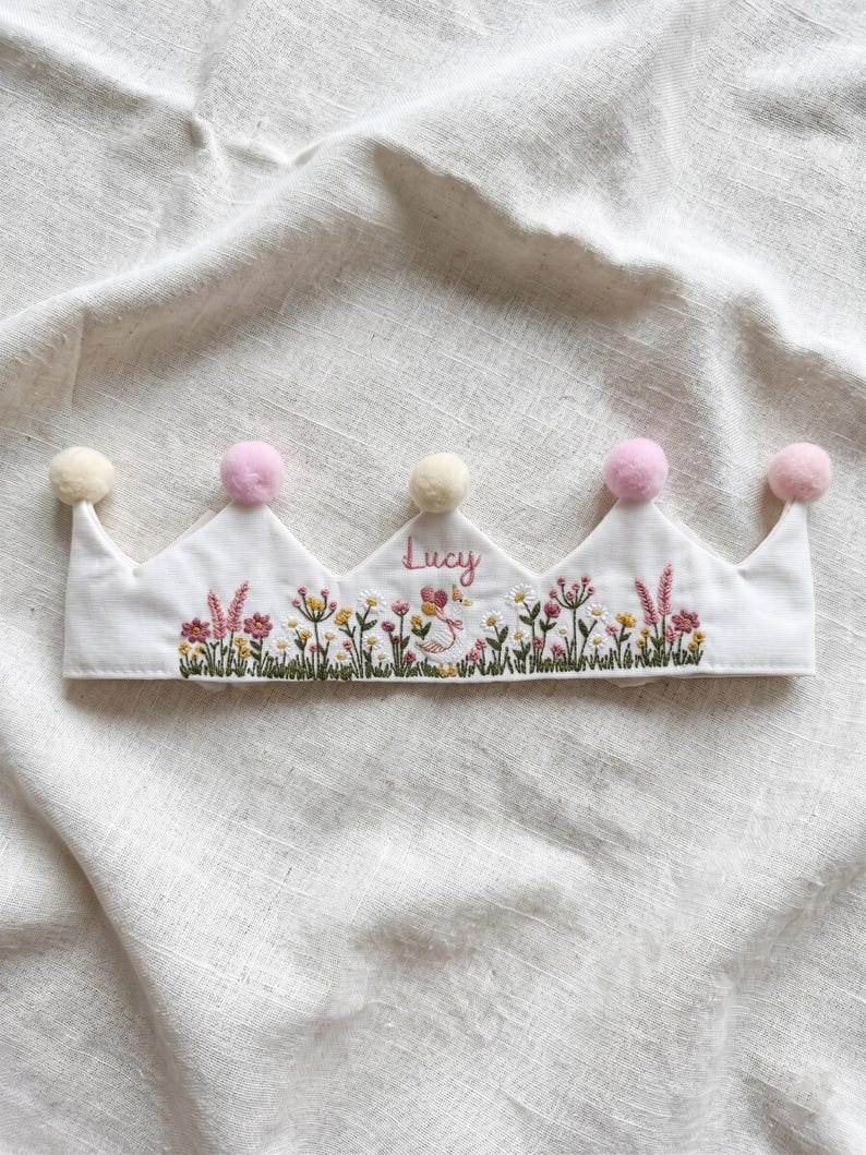 Wildflower Goose Personalized Embroidery Birthday Crown, Hand Embroidered Linen Baby Crown, Custom Name Crown, First Birthday Crown Keepsake