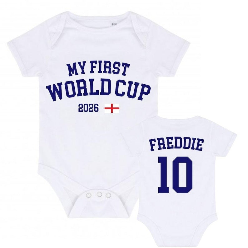 My First World Cup Baby Bodysuit, Personalized Soccer Baby Outfit, Custom Name Number Infant Romper, Baby Shower Gift