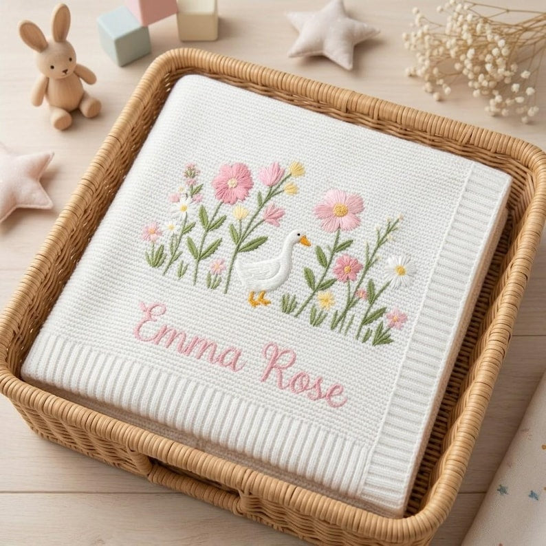 Personalized Embroidered Goose Floral Baby Blanket - Duck Wildflower Knit Throw, Newborn Blanket, Nursery Keepsake, Newborn Gift For Baby