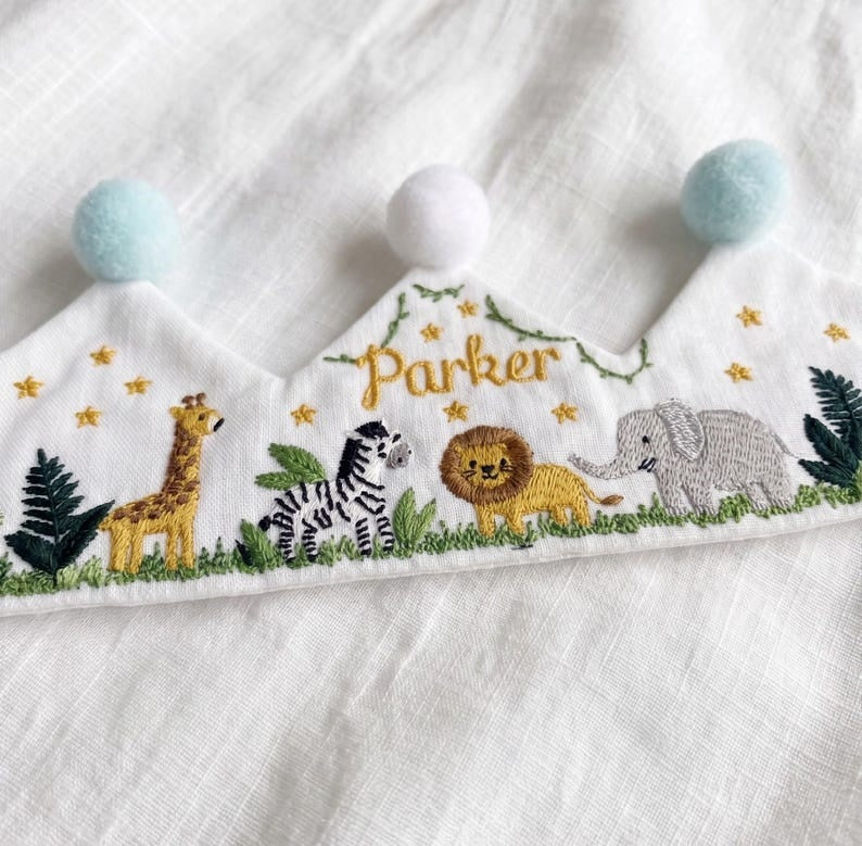 Safari Animals Personalized Birthday Baby Crown, Hand Embroidered Linen Baby Crown, Custom Jungle Name Crown, First Birthday Crown