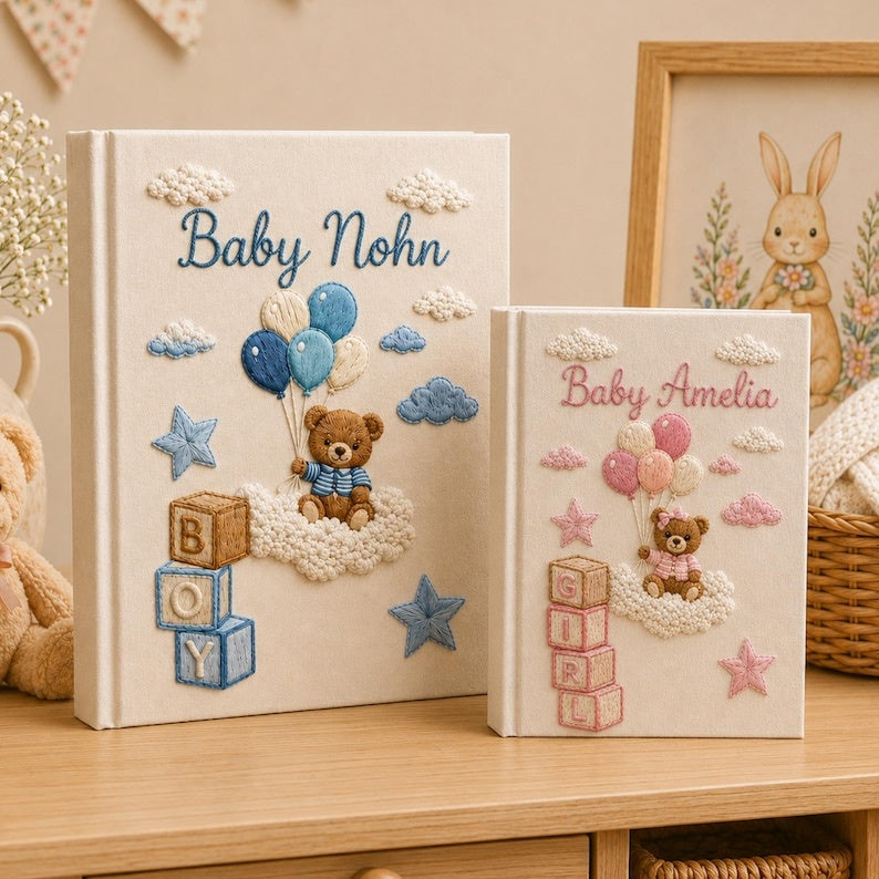 Personalized Hand Embroidered Keepsake Baby Photo Album, Embroidered Teddy Bear Memory Book, Custom Linen Baby Keepsake Album, Newborn Gift EPLB03