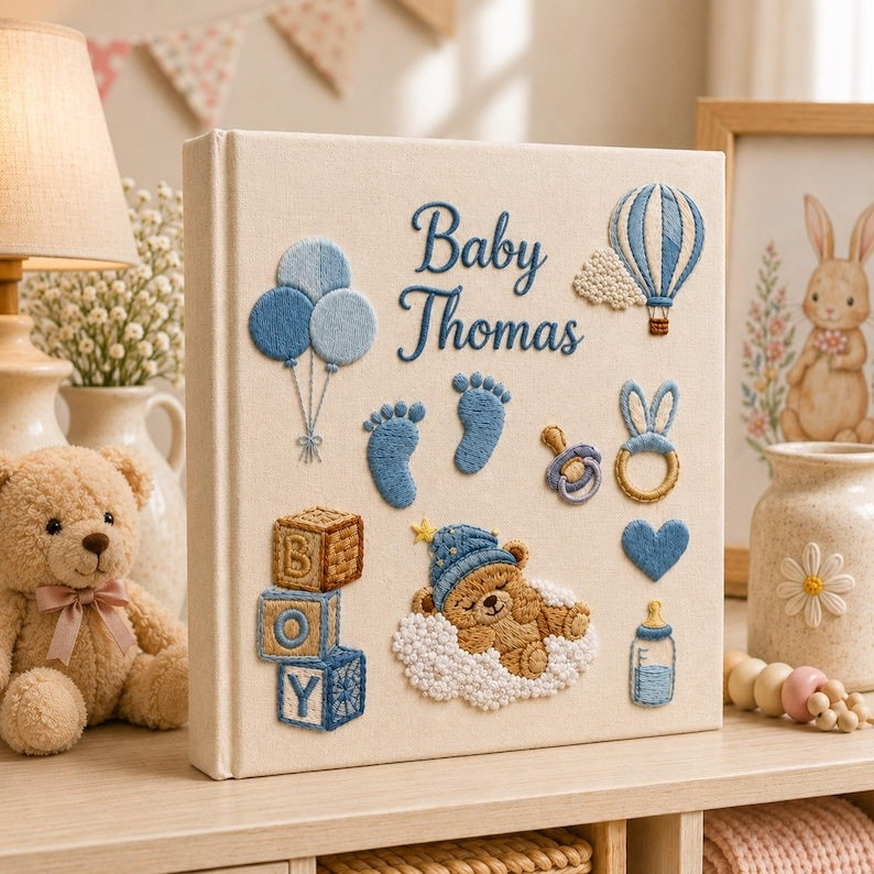 Personalized Hand Embroidered Keepsake Baby Photo Album, Embroidered Teddy Bear Memory Book, Custom Linen Baby Keepsake Album, Newborn Gift EPLB03