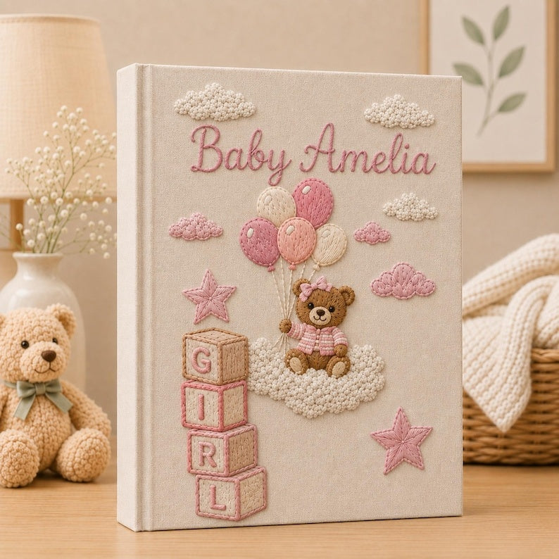 Personalized Hand Embroidered Keepsake Baby Photo Album, Embroidered Teddy Bear Memory Book, Custom Linen Baby Keepsake Album, Newborn Gift EPLB03