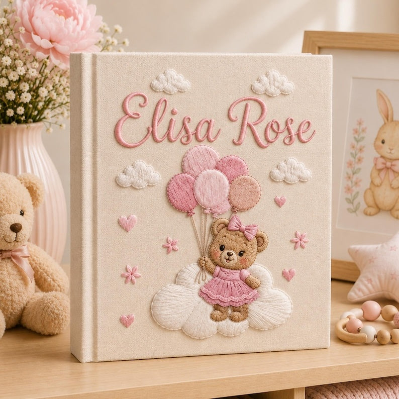 Custom Hand Embroidered Baby Photo Album, Teddy Bear Balloon Linen Memory Book, Baby Album Keepsake, Baby Shower Gift, Girl Nursery Album EPLB02