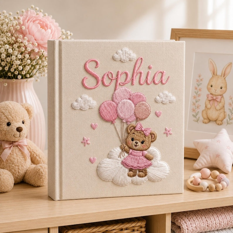 Custom Hand Embroidered Baby Photo Album, Teddy Bear Balloon Linen Memory Book, Baby Album Keepsake, Baby Shower Gift, Girl Nursery Album EPLB02