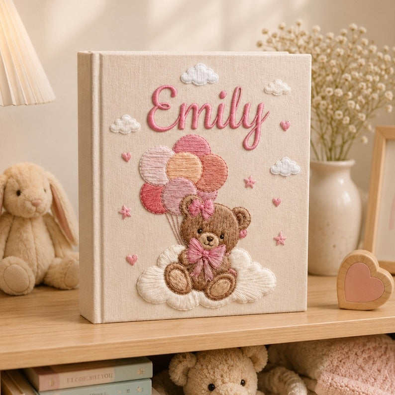 Custom Hand Embroidered Baby Photo Album, Teddy Bear Balloon Linen Memory Book, Baby Album Keepsake, Baby Shower Gift, Girl Nursery Album EPLB02