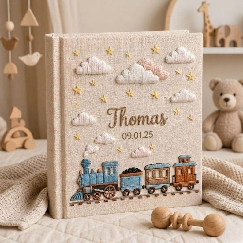 Personalized Hand Embroidered Baby Photo Album, Custom Name Train Theme Linen Keepsake, Birth Date Memory Book, Nursery Decor Gift EPLB04