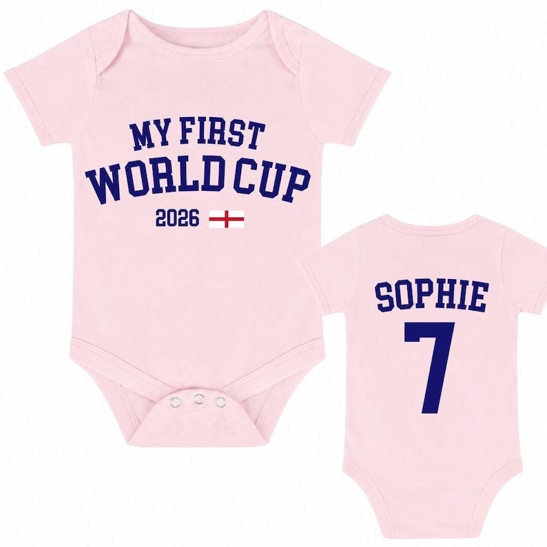 My First World Cup Baby Bodysuit, Personalized Soccer Baby Outfit, Custom Name Number Infant Romper, Baby Shower Gift