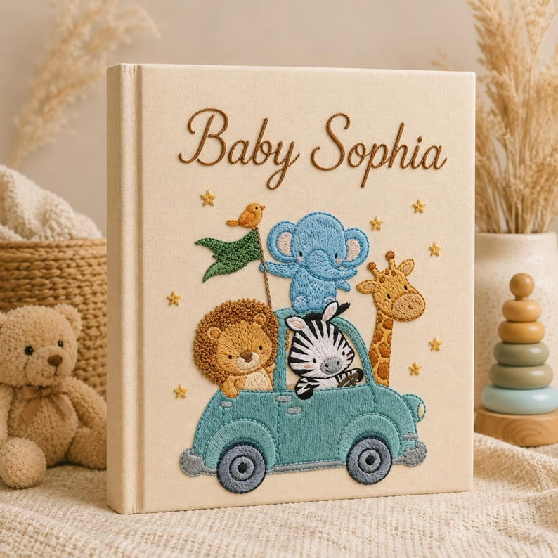 Hand Embroidered Baby Photo Album With Sleeves, Embroidered Linen Baby Memory Book, Safari Baby Photo Album, Newborn Keepsake Album EPLB01