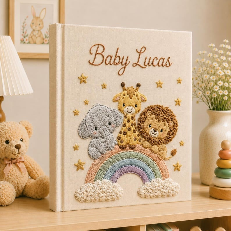 Hand Embroidered Baby Photo Album With Sleeves, Embroidered Linen Baby Memory Book, Safari Baby Photo Album, Newborn Keepsake Album EPLB01