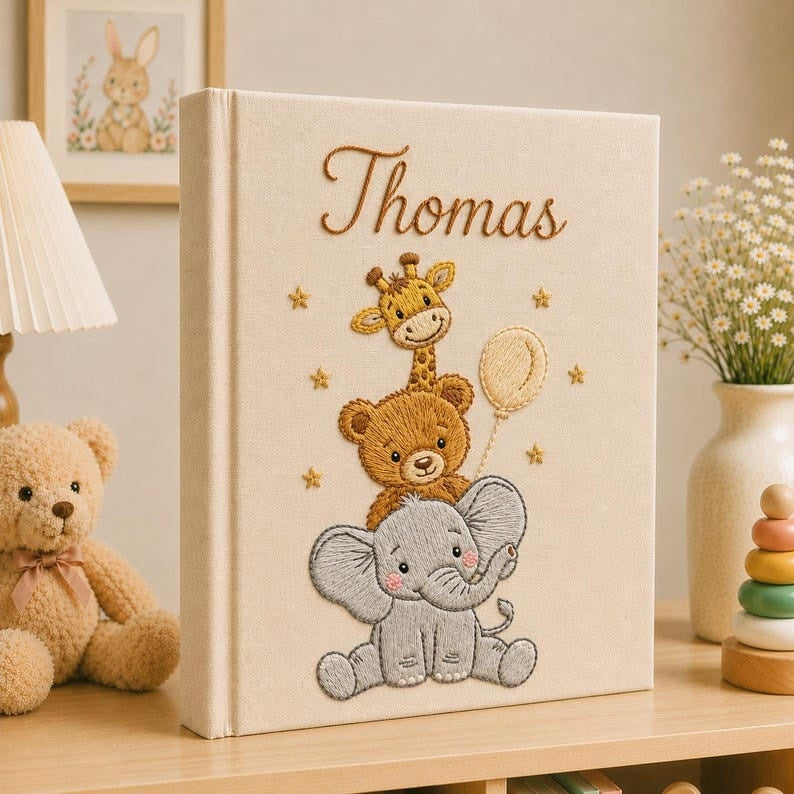 Hand Embroidered Baby Photo Album With Sleeves, Embroidered Linen Baby Memory Book, Safari Baby Photo Album, Newborn Keepsake Album EPLB01