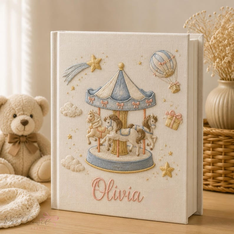 Custom Hand Embroidered Keepsake Album, Embroidered Photo Album With Sleeves, Personalized Baby Photo Album, Baby Scrapbook EPLB05