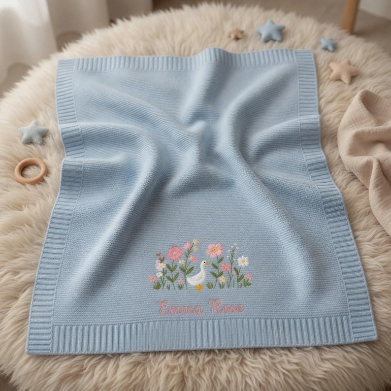 Personalized Embroidered Goose Floral Baby Blanket - Duck Wildflower Knit Throw, Newborn Blanket, Nursery Keepsake, Newborn Gift For Baby