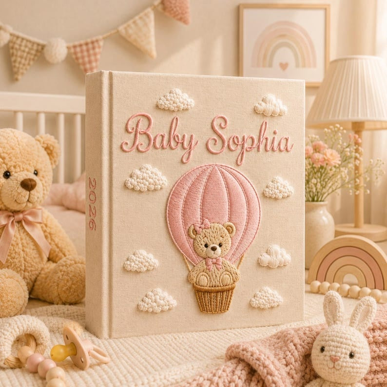 Custom Hand Embroidered Baby Photo Album, Teddy Bear Balloon Linen Memory Book, Baby Album Keepsake, Baby Shower Gift, Girl Nursery Album EPLB02