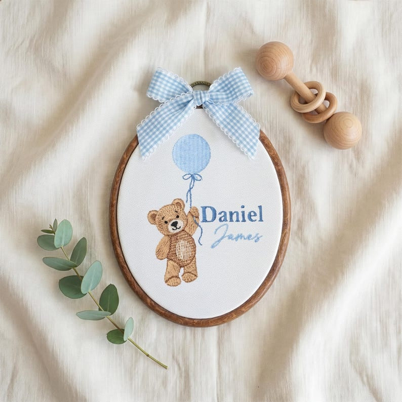 Custom Embroidered Teddy Bear Name Sign, Gender Neutral Baby Announcement, Nursery Decor