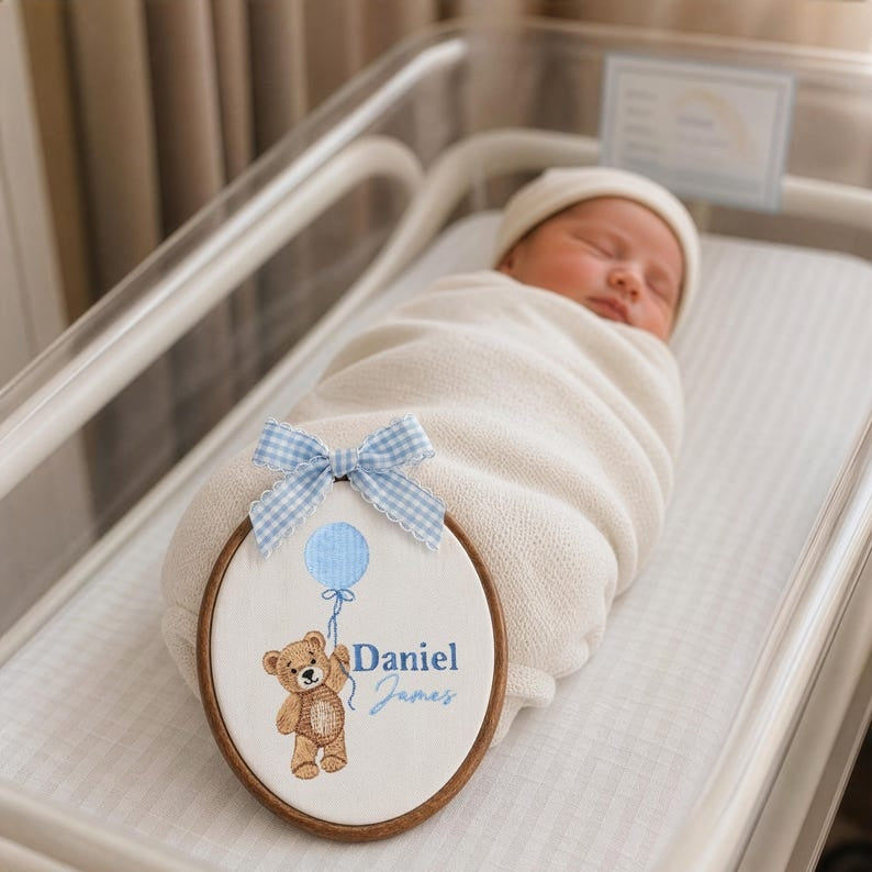 Custom Embroidered Teddy Bear Name Sign, Gender Neutral Baby Announcement, Nursery Decor