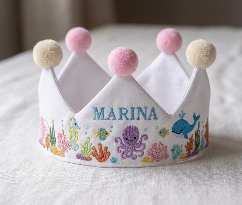 Personalized Under the Sea Embroidered Baby Crown, Whale Seahorse Linen Birthday Crown, Personalized Name Crown, First Birthday Crown