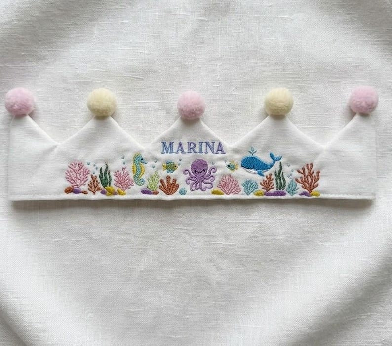Personalized Under the Sea Embroidered Baby Crown, Whale Seahorse Linen Birthday Crown, Personalized Name Crown, First Birthday Crown