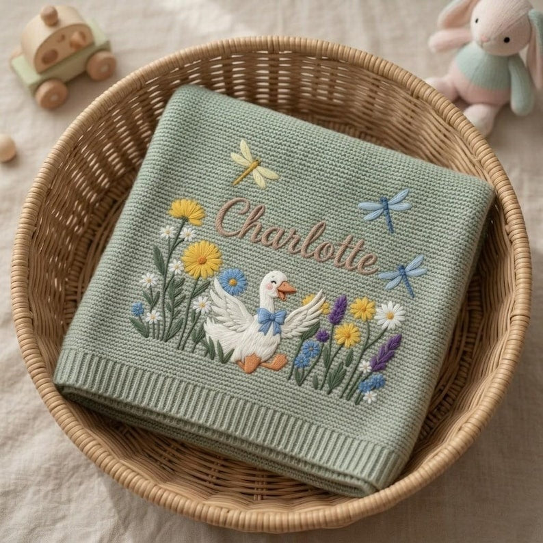 Personalized Embroidered Silly Goose Baby Boy Blanket, Silly Goose Flower Knit Blanket for Newborn, Gift for Baby, Keepsake Newborn Gift