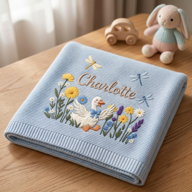 Personalized Embroidered Silly Goose Baby Boy Blanket, Silly Goose Flower Knit Blanket for Newborn, Gift for Baby, Keepsake Newborn Gift