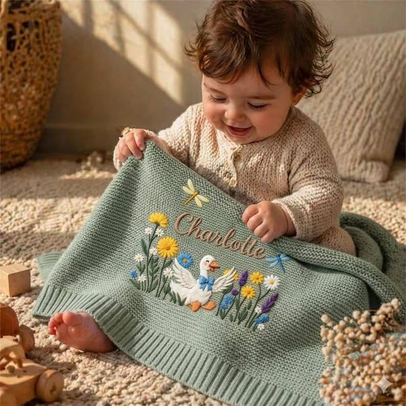Personalized Embroidered Silly Goose Baby Boy Blanket, Silly Goose Flower Knit Blanket for Newborn, Gift for Baby, Keepsake Newborn Gift