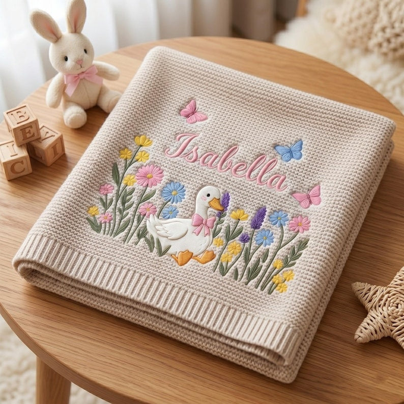 Personalized Embroidered Silly Goose Baby Girl Floral Blanket, Wildflower Knit Blanket for Newborn, Gift for Baby, Keepsake Newborn Gift