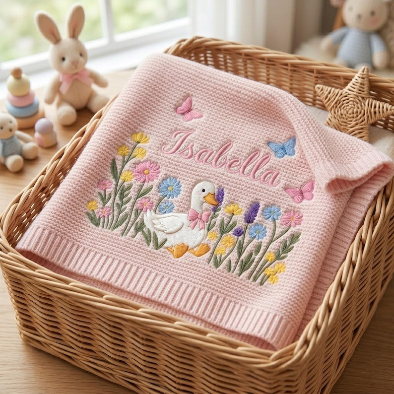 Personalized Embroidered Silly Goose Baby Girl Floral Blanket, Wildflower Knit Blanket for Newborn, Gift for Baby, Keepsake Newborn Gift
