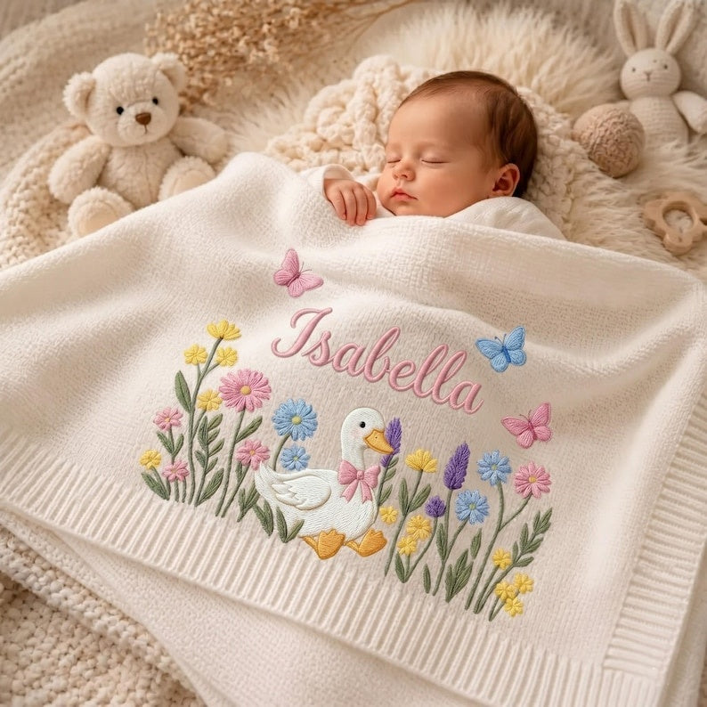 Personalized Embroidered Silly Goose Baby Girl Floral Blanket, Wildflower Knit Blanket for Newborn, Gift for Baby, Keepsake Newborn Gift